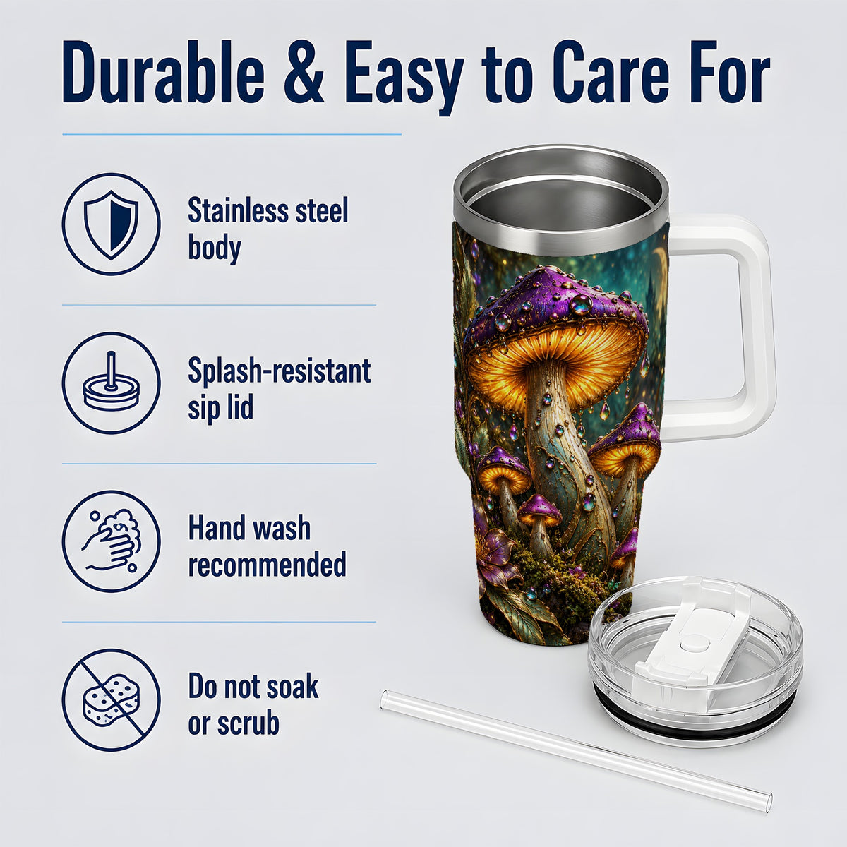 Enchanted Mushroom 40oz Handled Tumbler, Stainless Steel Fantasy Art