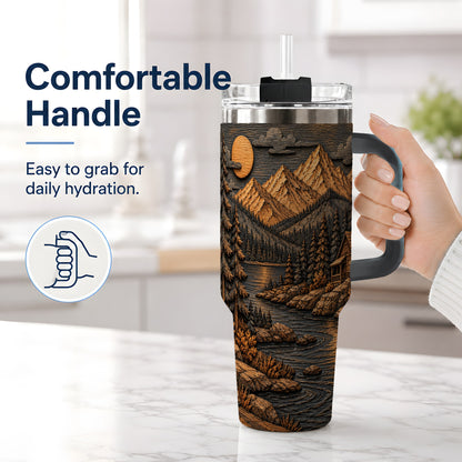 #pl[40oz|Black] Rustic Mountain Cabin 40oz Handled Tumbler, Stainless Steel Woodland Art