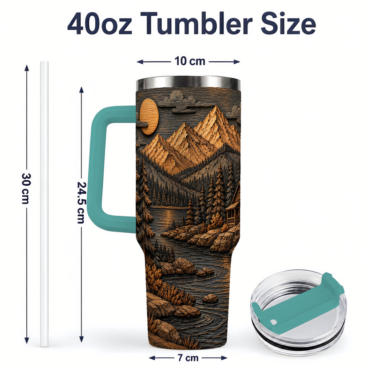 #pl[40oz|Green] Rustic Mountain Cabin 40oz Handled Tumbler, Stainless Steel Woodland Art