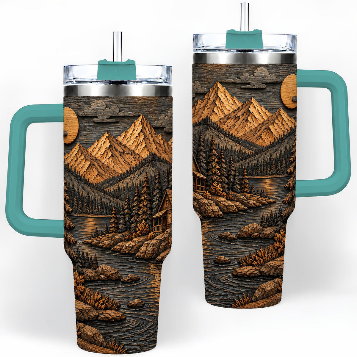 #pl[40oz|Green] Rustic Mountain Cabin 40oz Handled Tumbler, Stainless Steel Woodland Art