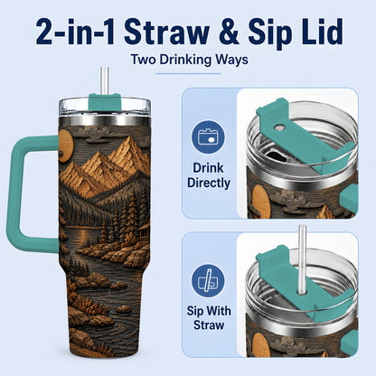 #pl[40oz|Green] Rustic Mountain Cabin 40oz Handled Tumbler, Stainless Steel Woodland Art