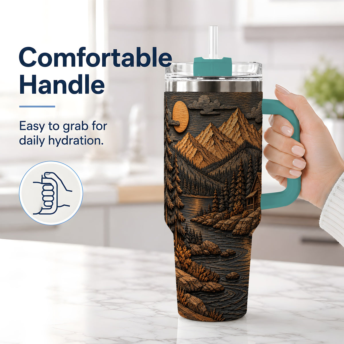 #pl[40oz|Green] Rustic Mountain Cabin 40oz Handled Tumbler, Stainless Steel Woodland Art