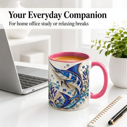 #pl[11oz|Pink] Blue Billfish Ceramic Mug, Faceted Ocean Coral and Pearl Artwork