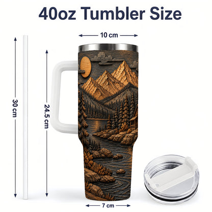 #pl[40oz|White] Rustic Mountain Cabin 40oz Handled Tumbler, Stainless Steel Woodland Art