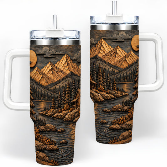 Rustic Mountain Cabin 40oz Handled Tumbler, Stainless Steel Woodland Art