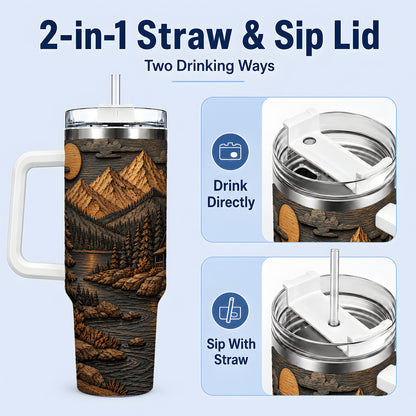 #pl[40oz|White] Rustic Mountain Cabin 40oz Handled Tumbler, Stainless Steel Woodland Art