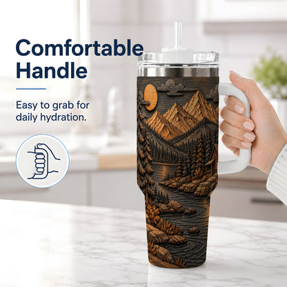 #pl[40oz|White] Rustic Mountain Cabin 40oz Handled Tumbler, Stainless Steel Woodland Art