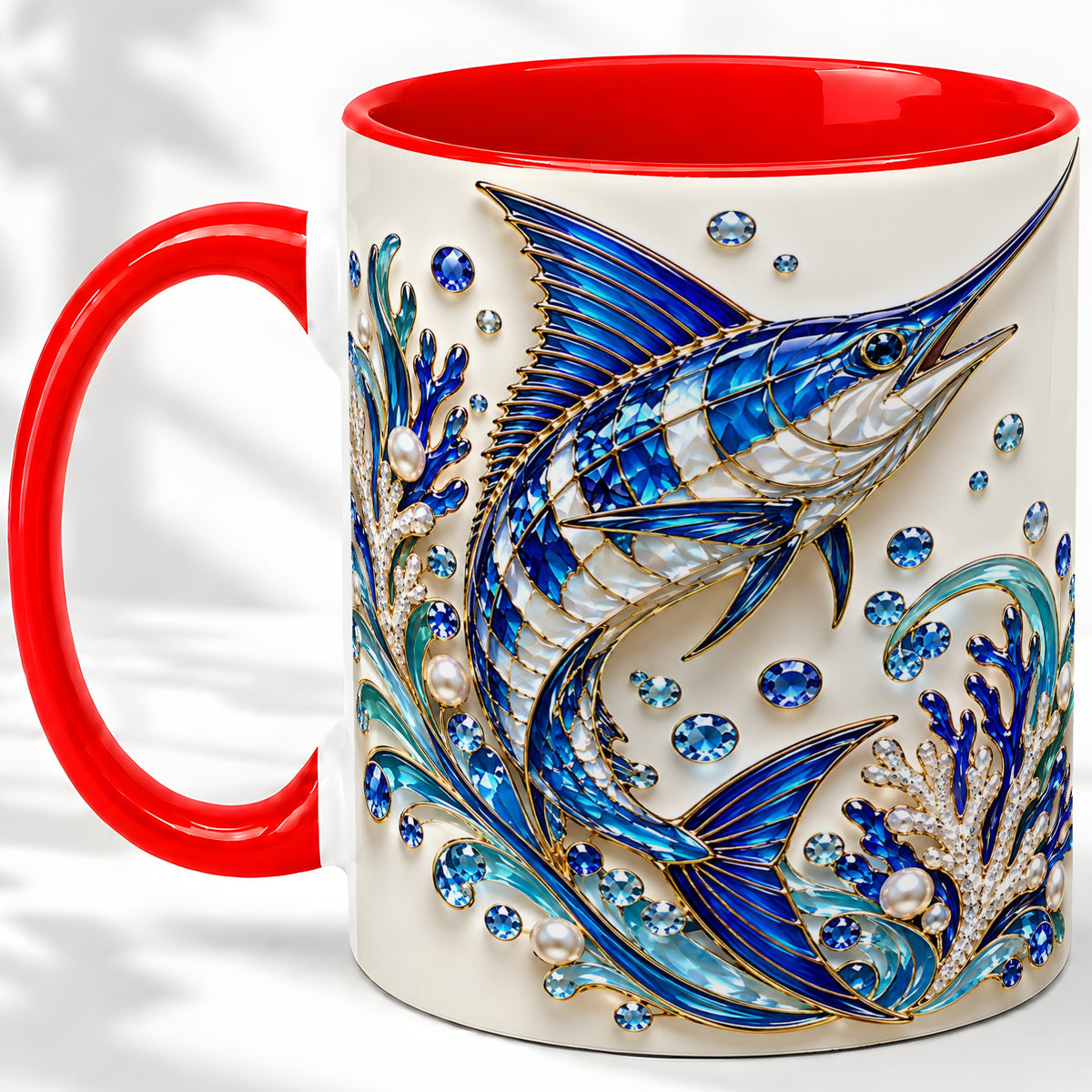 Blue Billfish Ceramic Mug, Faceted Ocean Coral and Pearl Artwork