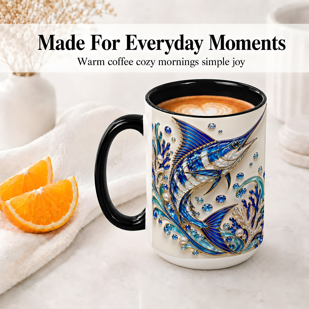 #pl[15oz|Black] Blue Billfish Ceramic Mug, Faceted Ocean Coral and Pearl Artwork