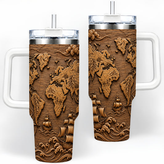 Vintage World Map 40oz Handled Tumbler, Stainless Steel Nautical Art