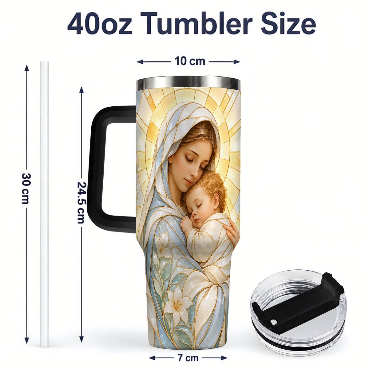#pl[40oz|Black] Stained Glass Style Mary 40oz Handled Tumbler, Stainless Steel Faith Art