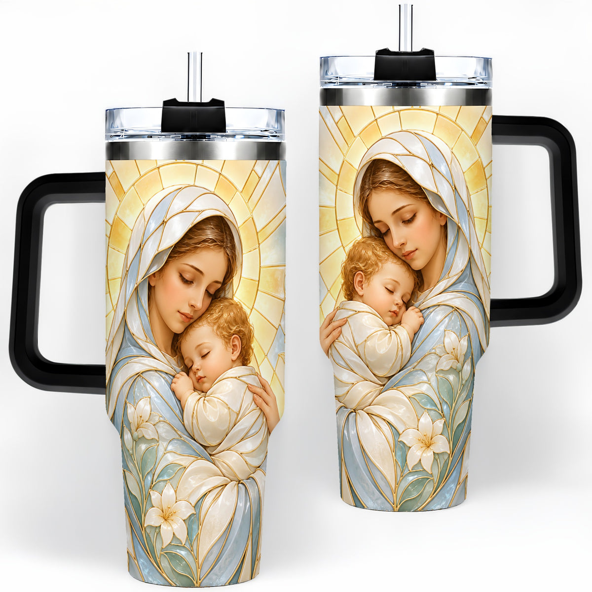 #pl[40oz|Black] Stained Glass Style Mary 40oz Handled Tumbler, Stainless Steel Faith Art