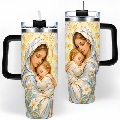 #pl[40oz|Black] Stained Glass Style Mary 40oz Handled Tumbler, Stainless Steel Faith Art