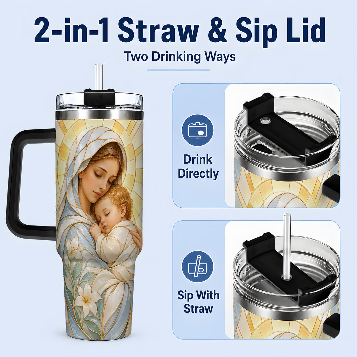 #pl[40oz|Black] Stained Glass Style Mary 40oz Handled Tumbler, Stainless Steel Faith Art