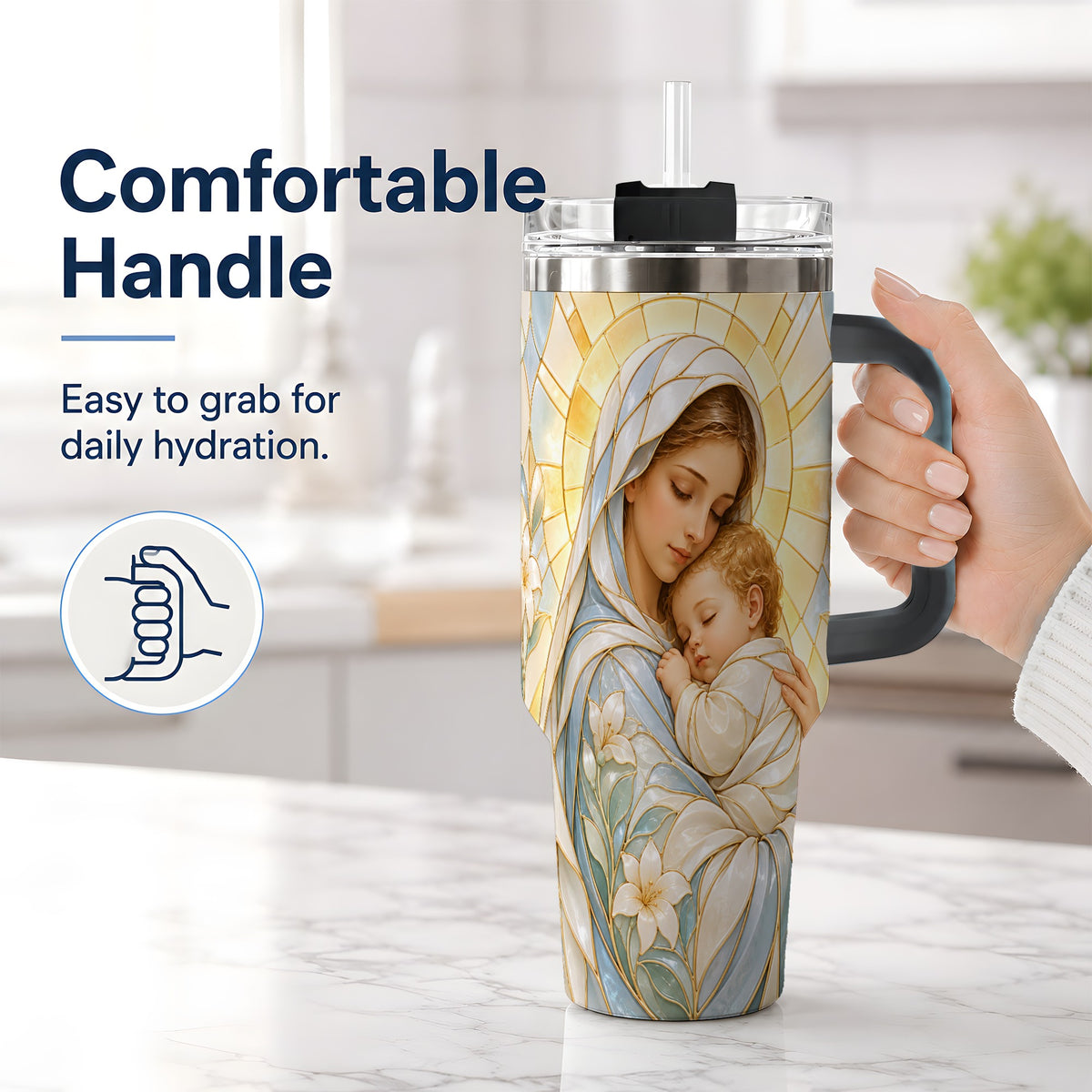 #pl[40oz|Black] Stained Glass Style Mary 40oz Handled Tumbler, Stainless Steel Faith Art