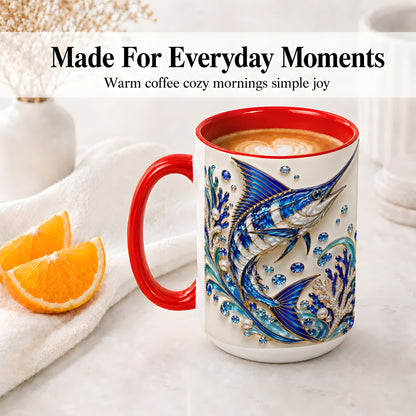 #pl[15oz|Red] Blue Billfish Ceramic Mug, Faceted Ocean Coral and Pearl Artwork