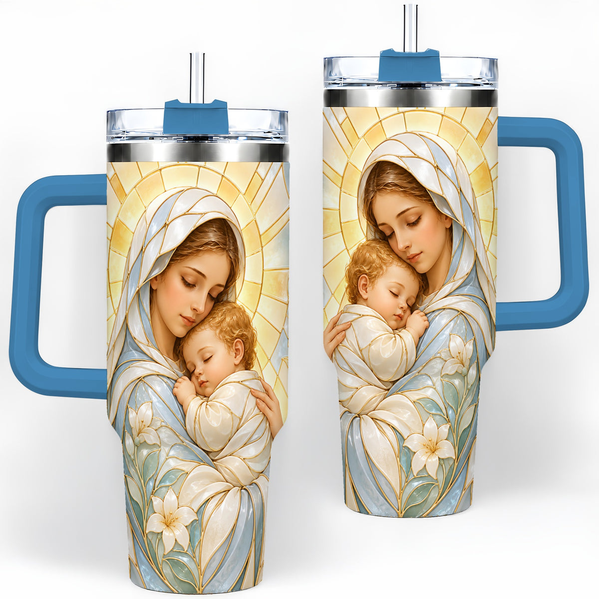 #pl[40oz|Blue] Stained Glass Style Mary 40oz Handled Tumbler, Stainless Steel Faith Art