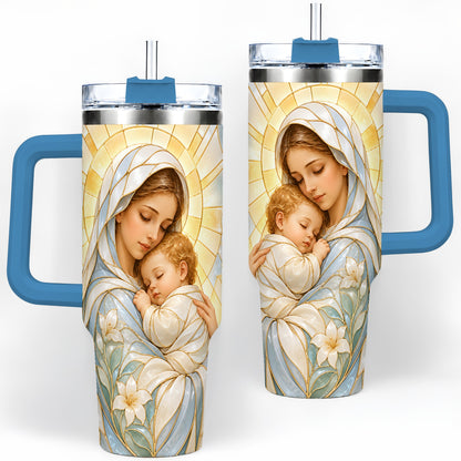 #pl[40oz|Blue] Stained Glass Style Mary 40oz Handled Tumbler, Stainless Steel Faith Art