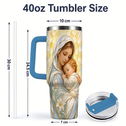 #pl[40oz|Blue] Stained Glass Style Mary 40oz Handled Tumbler, Stainless Steel Faith Art