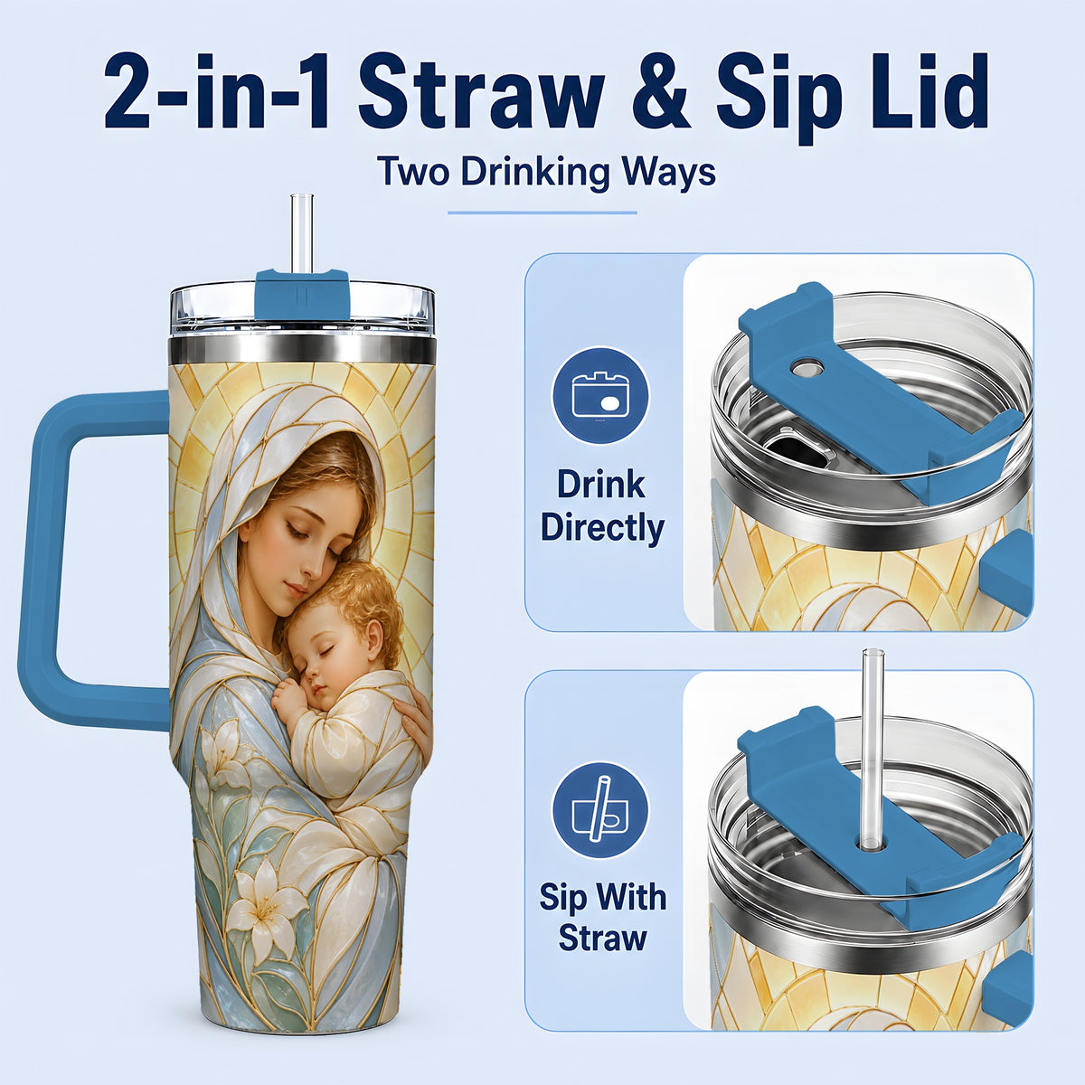 #pl[40oz|Blue] Stained Glass Style Mary 40oz Handled Tumbler, Stainless Steel Faith Art