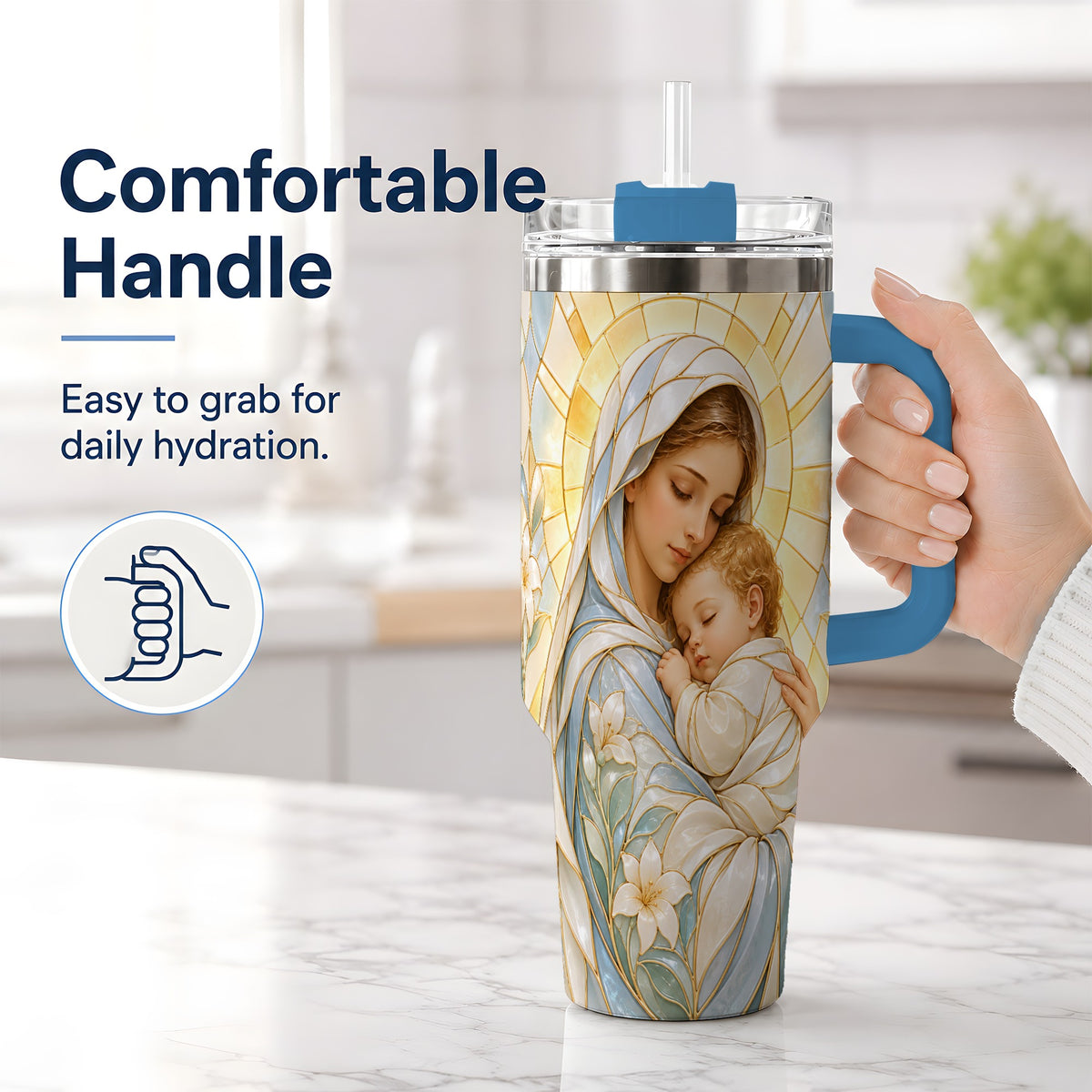 #pl[40oz|Blue] Stained Glass Style Mary 40oz Handled Tumbler, Stainless Steel Faith Art