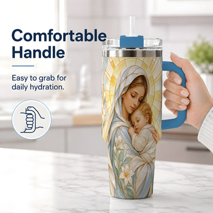 #pl[40oz|Blue] Stained Glass Style Mary 40oz Handled Tumbler, Stainless Steel Faith Art