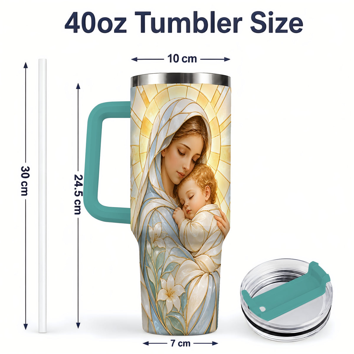 #pl[40oz|Green] Stained Glass Style Mary 40oz Handled Tumbler, Stainless Steel Faith Art