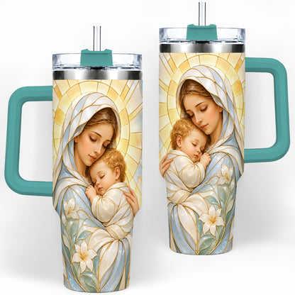 #pl[40oz|Green] Stained Glass Style Mary 40oz Handled Tumbler, Stainless Steel Faith Art
