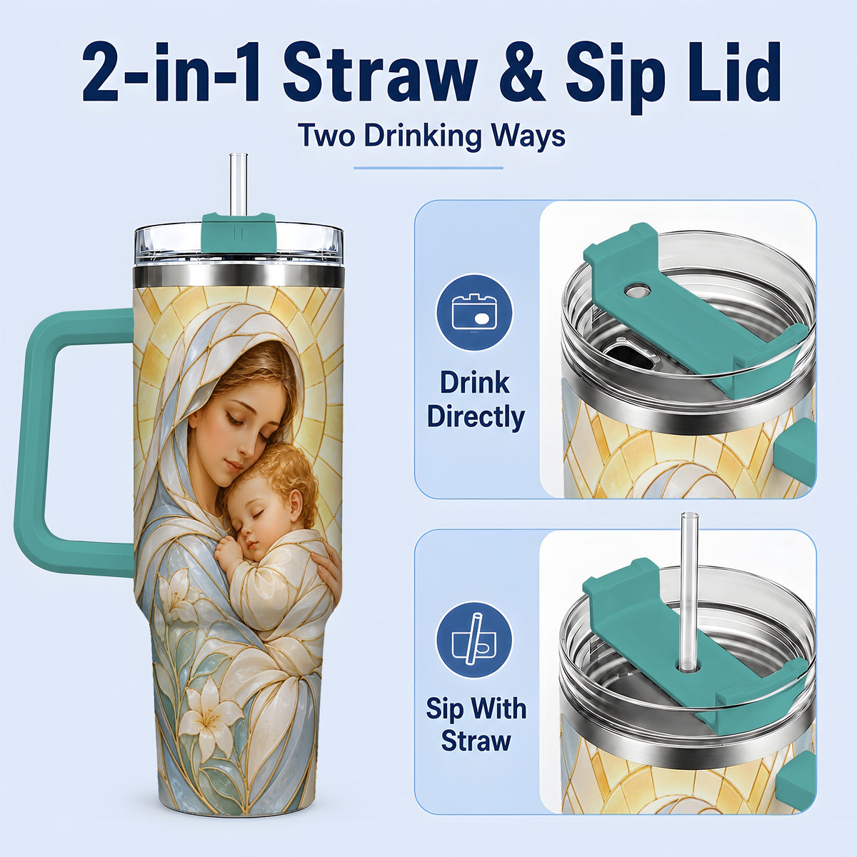#pl[40oz|Green] Stained Glass Style Mary 40oz Handled Tumbler, Stainless Steel Faith Art