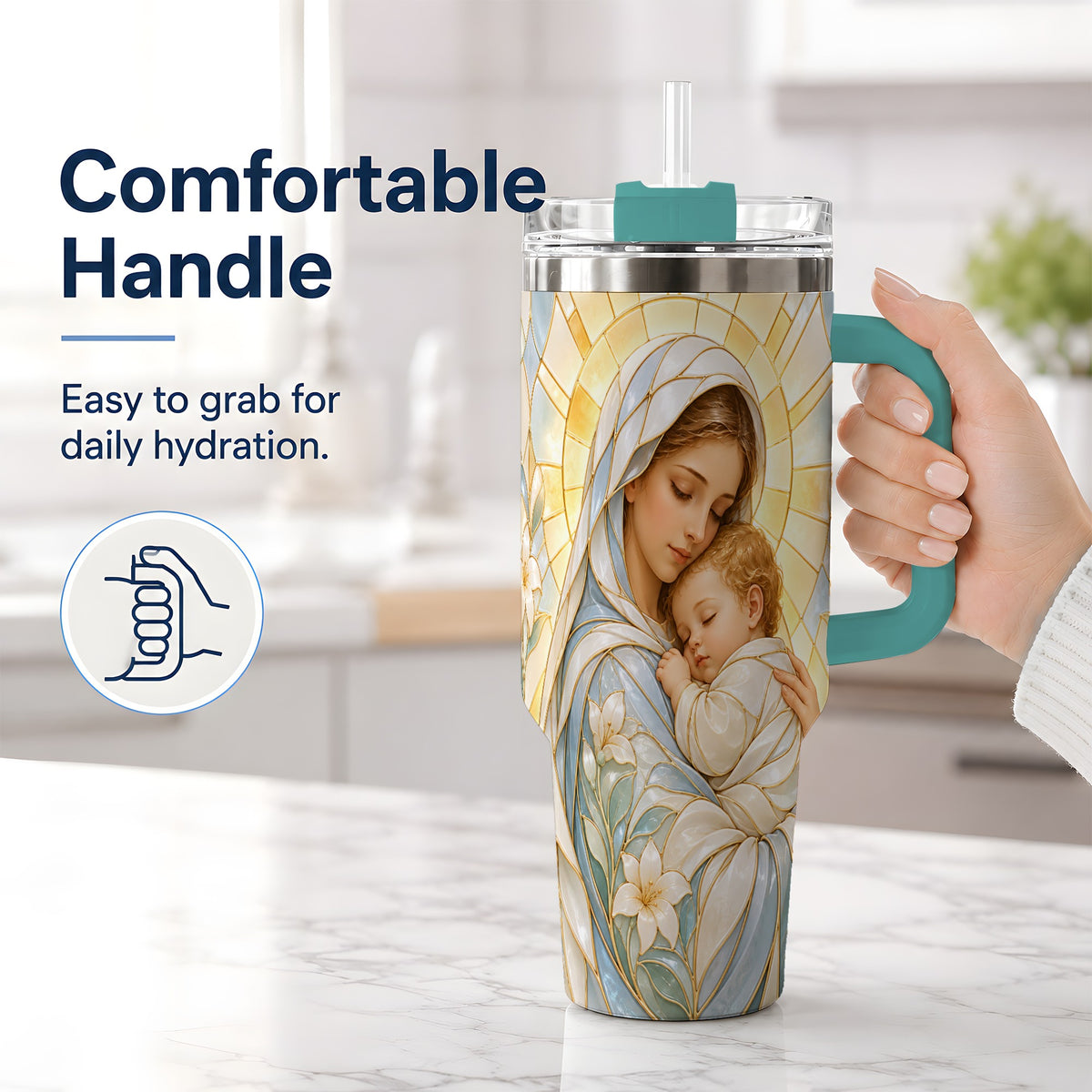 #pl[40oz|Green] Stained Glass Style Mary 40oz Handled Tumbler, Stainless Steel Faith Art