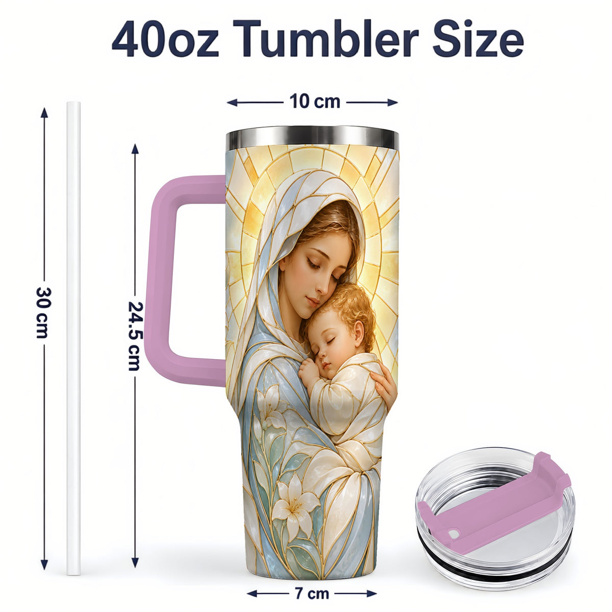 #pl[40oz|Pink] Stained Glass Style Mary 40oz Handled Tumbler, Stainless Steel Faith Art