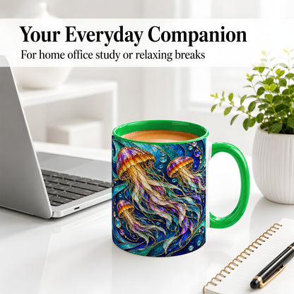 #pl[11oz|Green] Colorful Jellyfish Ceramic Mug, Swirling Ocean Wave Artwork