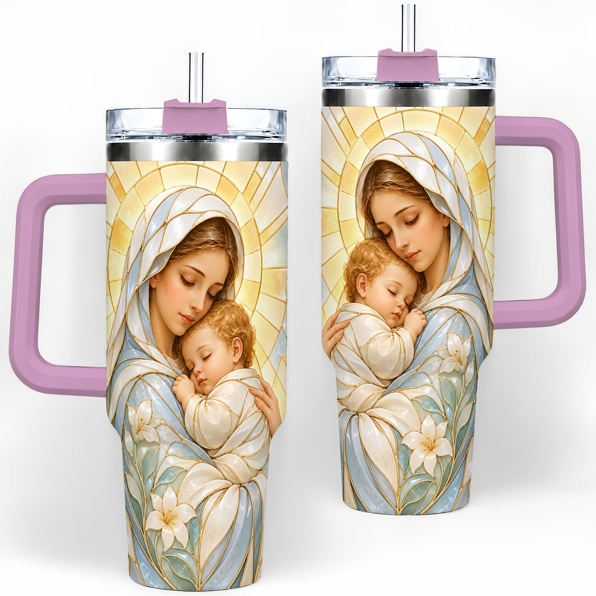#pl[40oz|Pink] Stained Glass Style Mary 40oz Handled Tumbler, Stainless Steel Faith Art