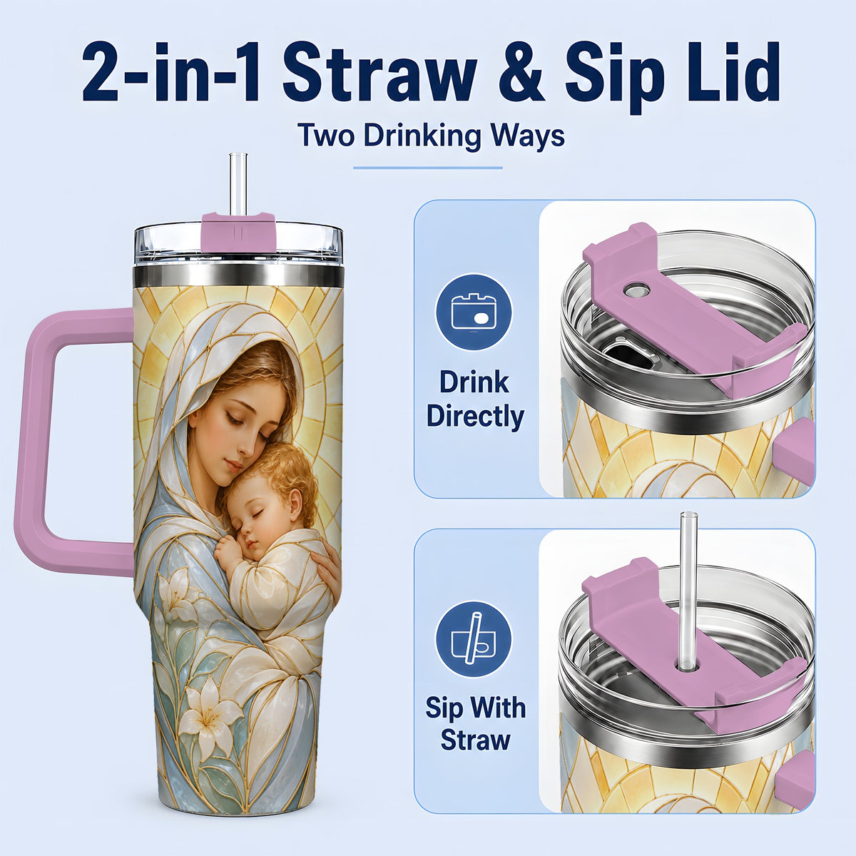 #pl[40oz|Pink] Stained Glass Style Mary 40oz Handled Tumbler, Stainless Steel Faith Art