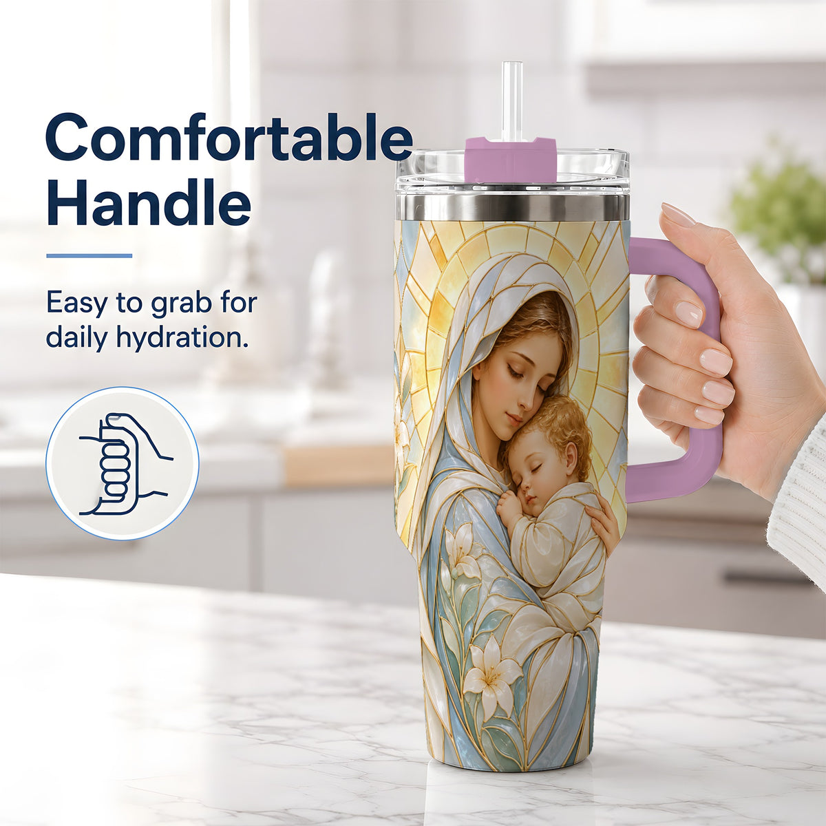 #pl[40oz|Pink] Stained Glass Style Mary 40oz Handled Tumbler, Stainless Steel Faith Art