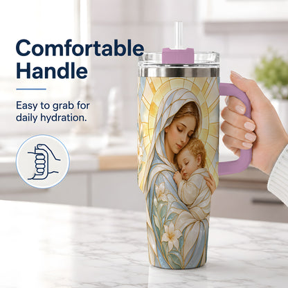 #pl[40oz|Pink] Stained Glass Style Mary 40oz Handled Tumbler, Stainless Steel Faith Art