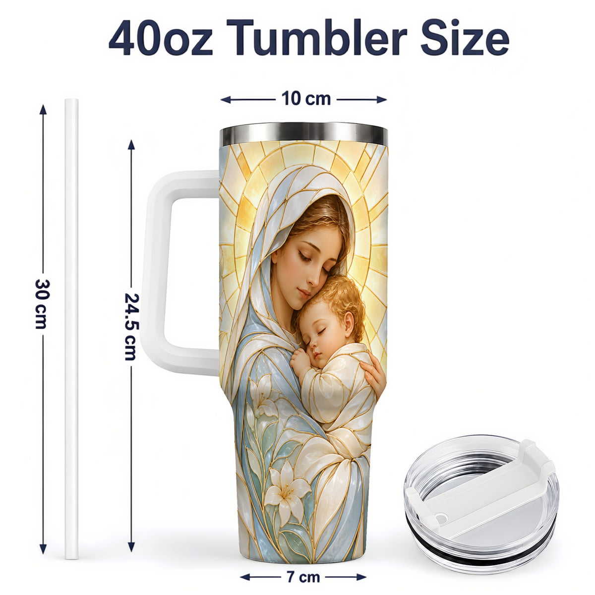 #pl[40oz|White] Stained Glass Style Mary 40oz Handled Tumbler, Stainless Steel Faith Art