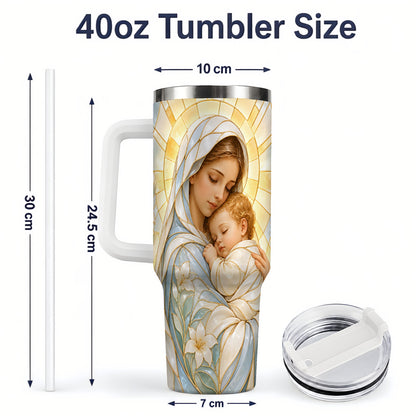 #pl[40oz|White] Stained Glass Style Mary 40oz Handled Tumbler, Stainless Steel Faith Art