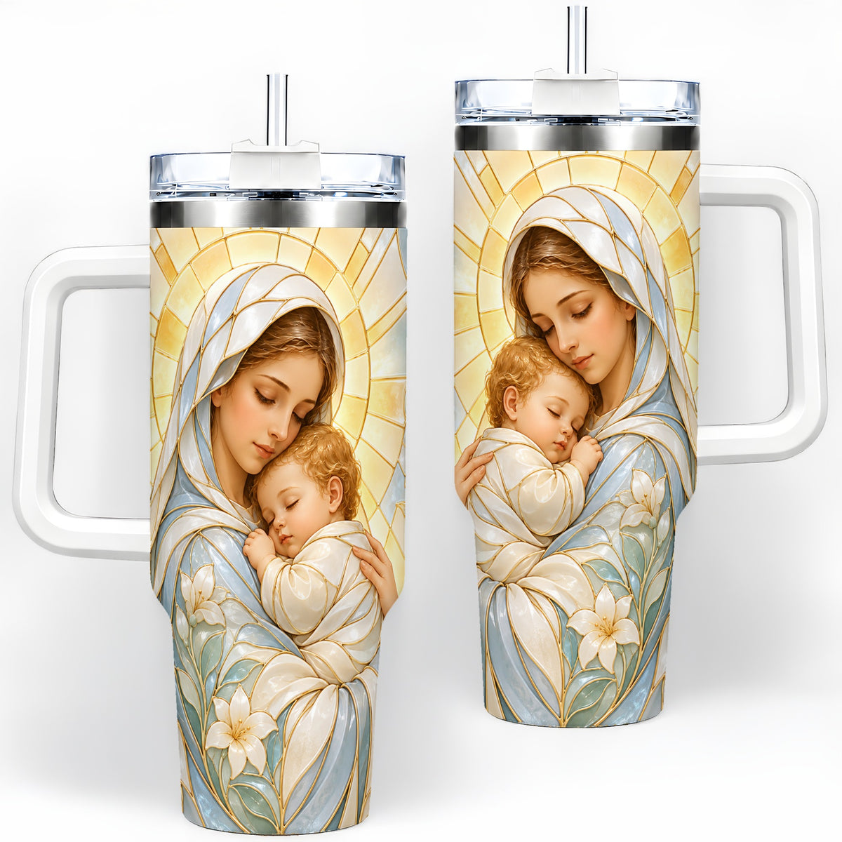 Stained Glass Style Mary 40oz Handled Tumbler, Stainless Steel Faith Art