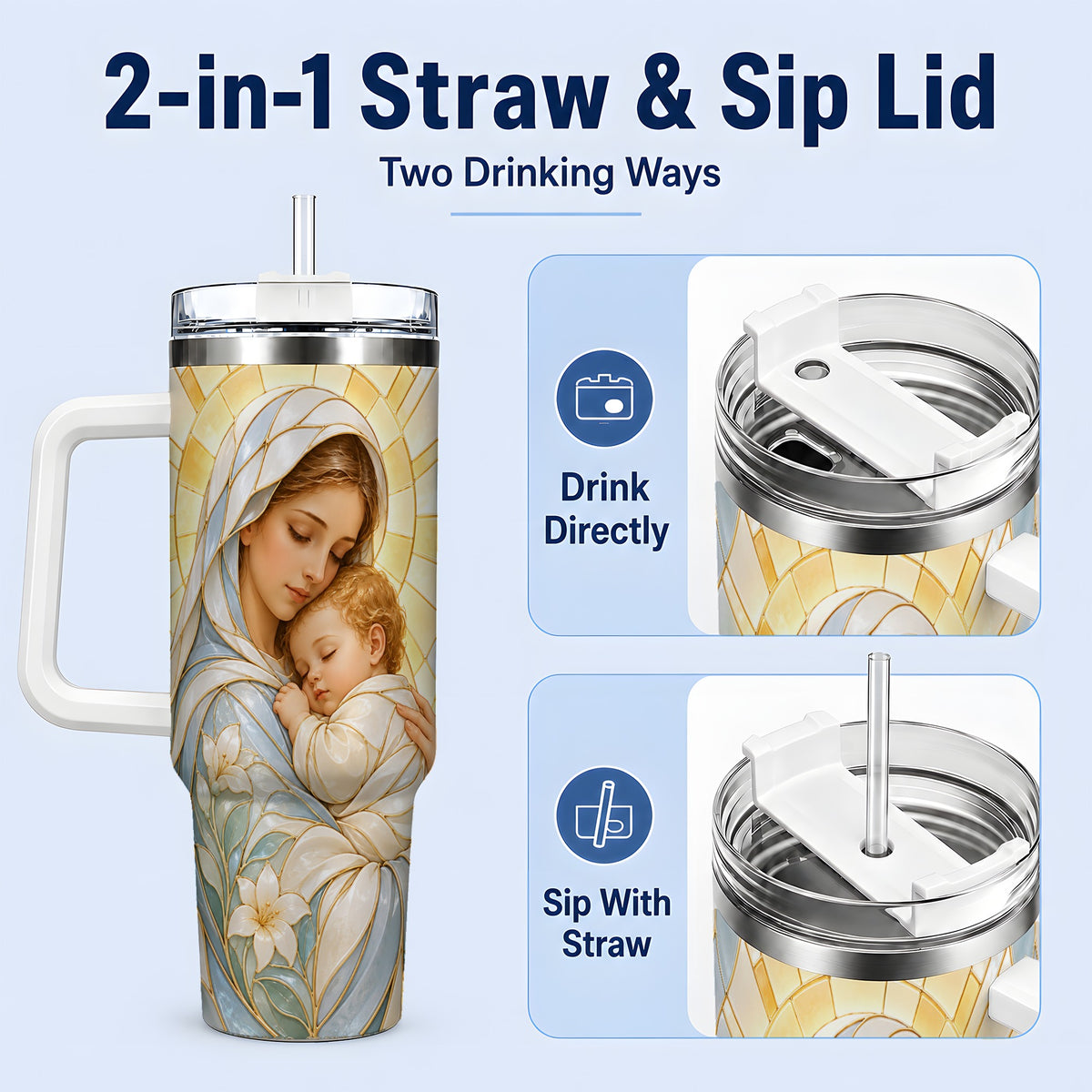 #pl[40oz|White] Stained Glass Style Mary 40oz Handled Tumbler, Stainless Steel Faith Art