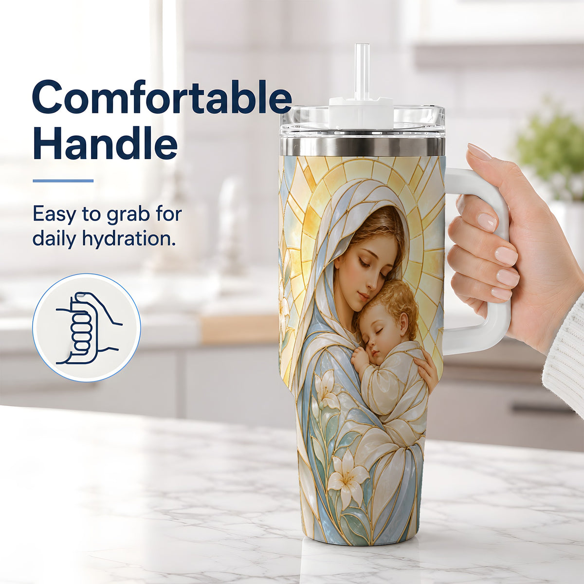 #pl[40oz|White] Stained Glass Style Mary 40oz Handled Tumbler, Stainless Steel Faith Art