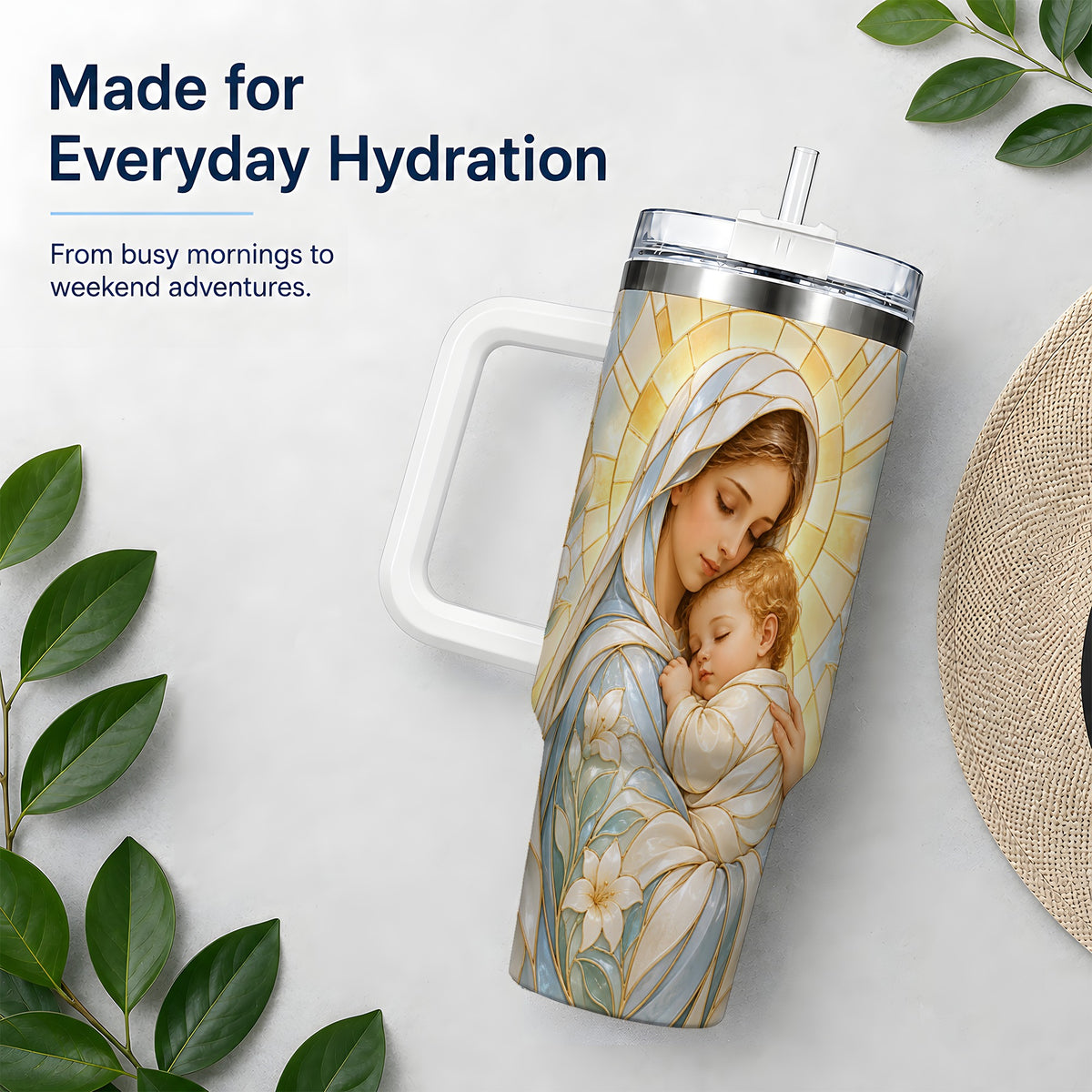 Stained Glass Style Mary 40oz Handled Tumbler, Stainless Steel Faith Art