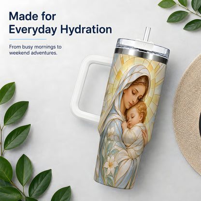 Stained Glass Style Mary 40oz Handled Tumbler, Stainless Steel Faith Art
