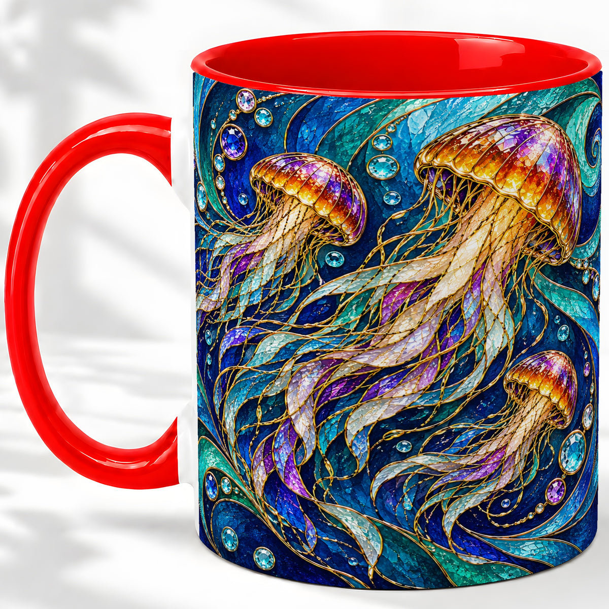 Colorful Jellyfish Ceramic Mug, Swirling Ocean Wave Artwork