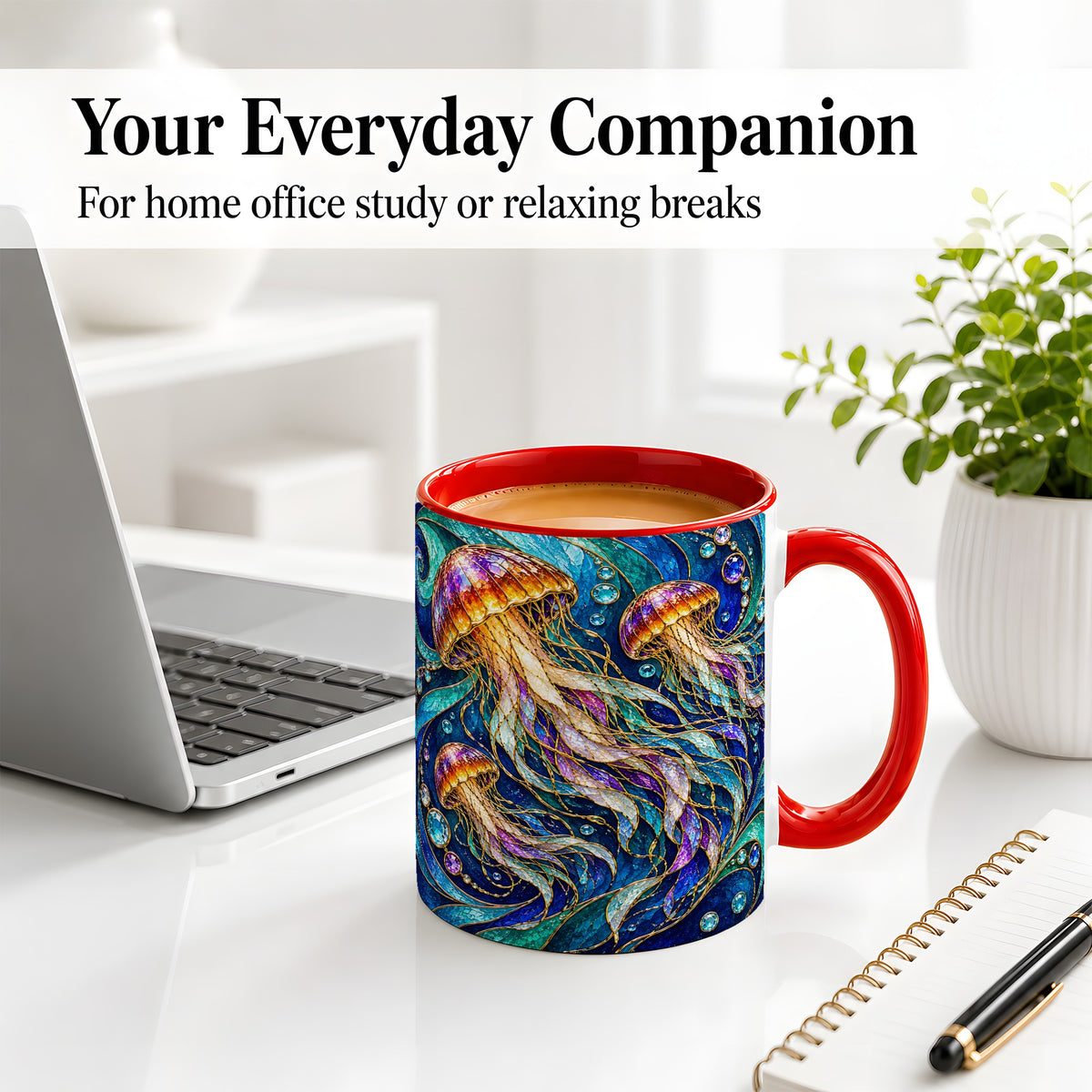 #pl[11oz|Red] Colorful Jellyfish Ceramic Mug, Swirling Ocean Wave Artwork