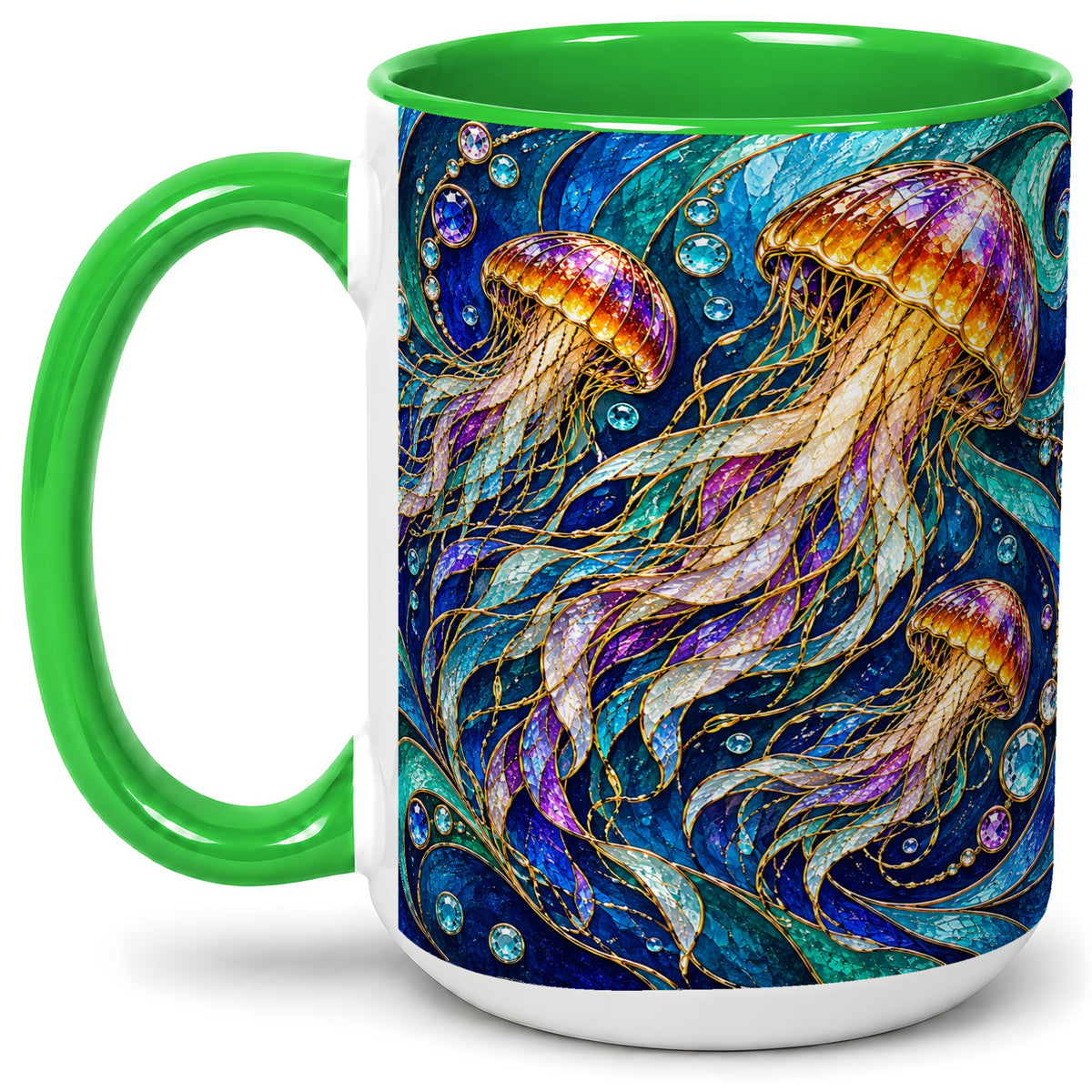 #pl[15oz|Green] Colorful Jellyfish Ceramic Mug, Swirling Ocean Wave Artwork