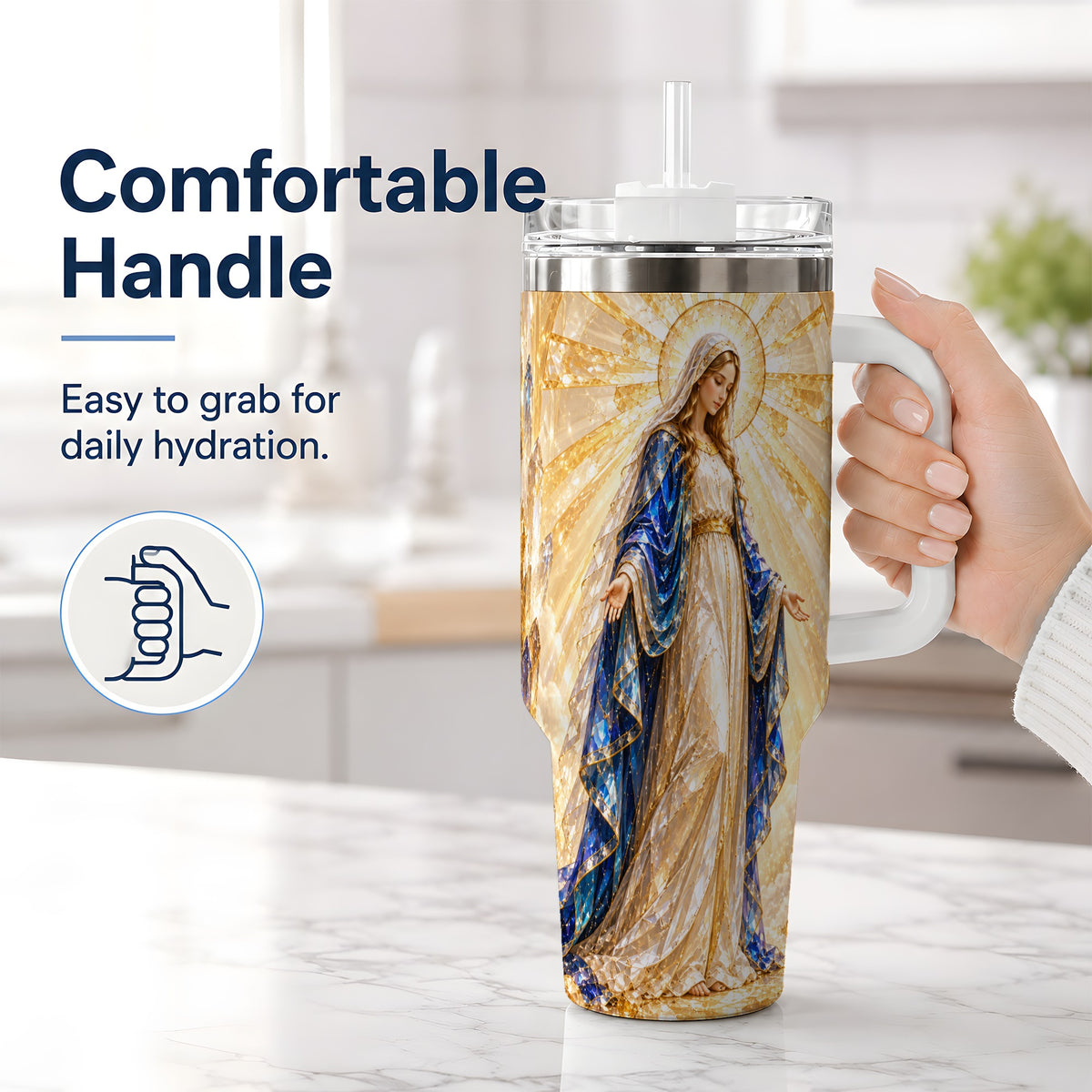 #pl[40oz|White] Radiant Mary 40oz Handled Tumbler with Crystal Style Faith Art