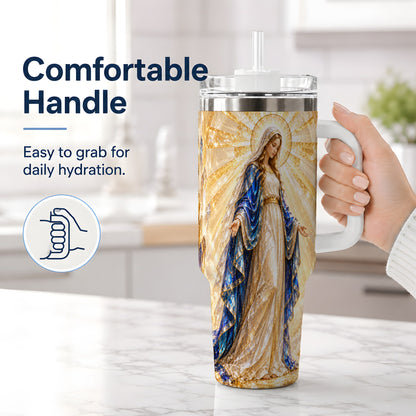#pl[40oz|White] Radiant Mary 40oz Handled Tumbler with Crystal Style Faith Art