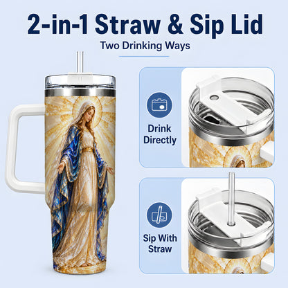 #pl[40oz|White] Radiant Mary 40oz Handled Tumbler with Crystal Style Faith Art