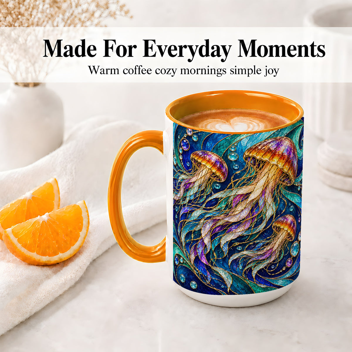 #pl[15oz|Orange] Colorful Jellyfish Ceramic Mug, Swirling Ocean Wave Artwork